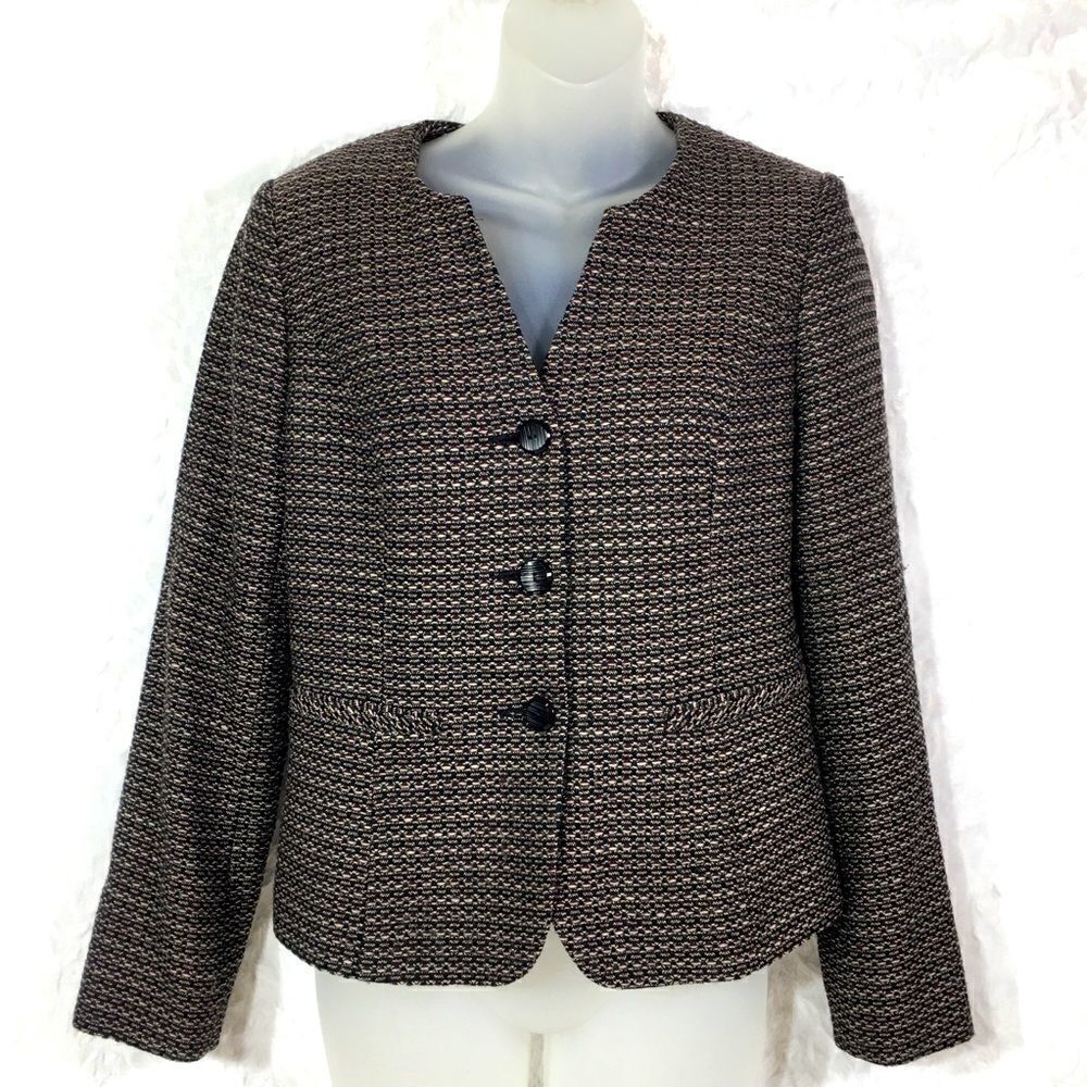 Cambria Platinum wool tweed texture collarless blazer suit coat jacket size 2